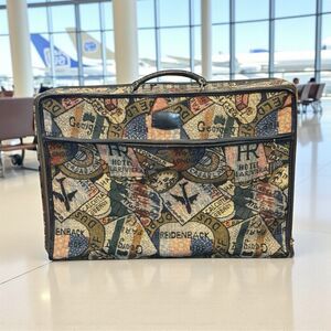 Vtg 1960s Tapestry Cloth Suitcase Travel Theme Canvas Carry On Weekend Bag 19x16